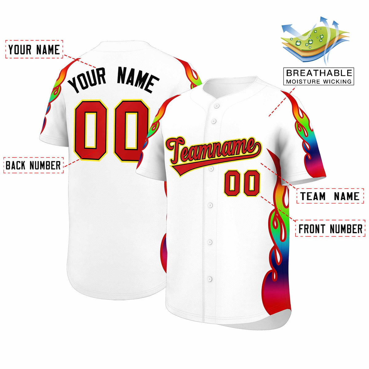 Custom White Graffiti Pattern Personalized Multicolored Flames Print Authentic Baseball Jersey