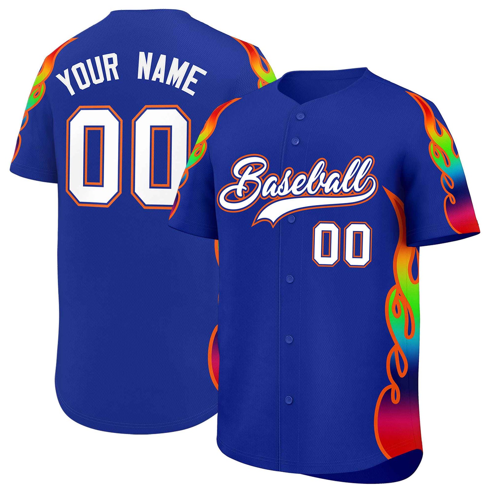 Custom Royal Graffiti Pattern Personalized Multicolored Flames Print Authentic Baseball Jersey