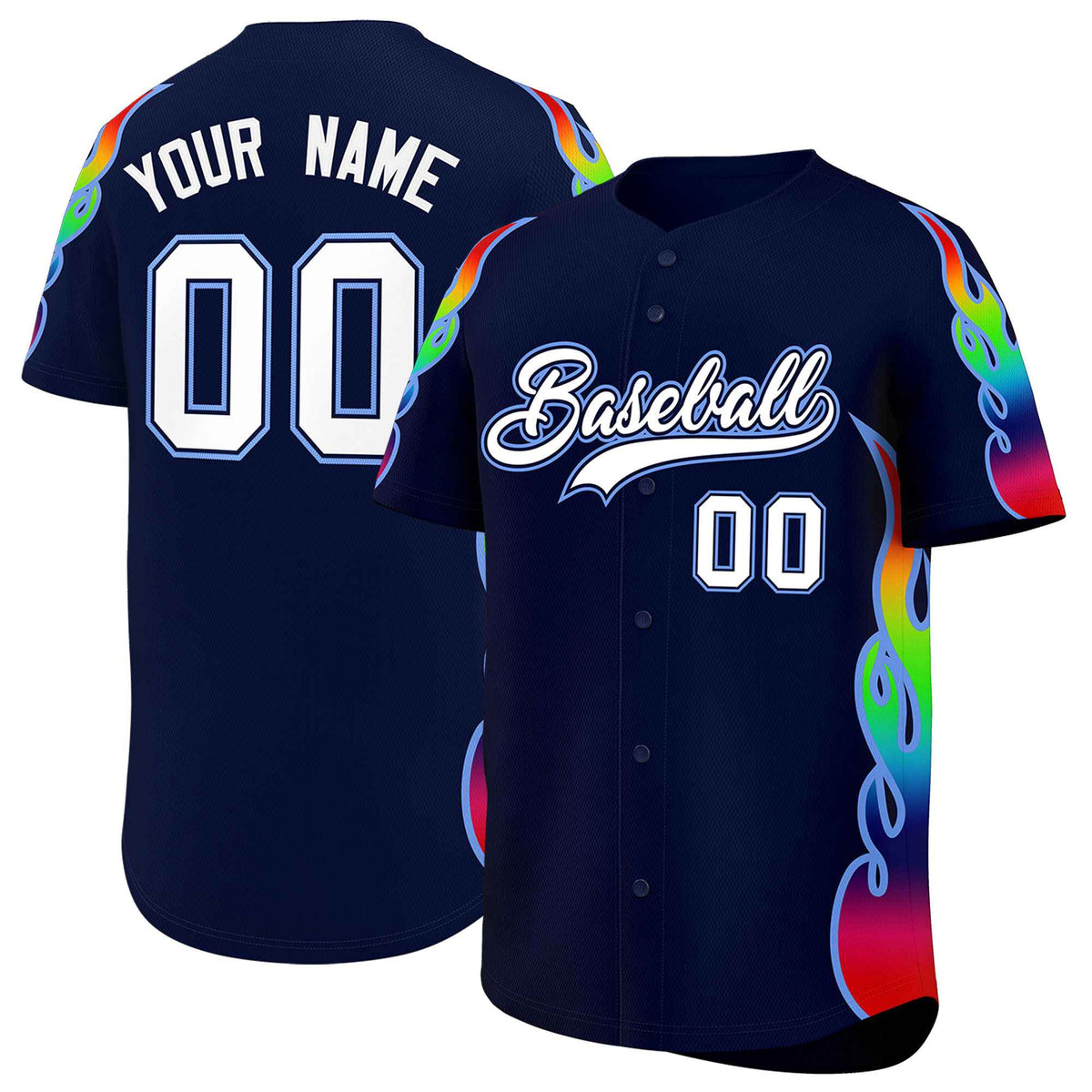 Custom Navy Graffiti Pattern Personalized Multicolored Flames Print Authentic Baseball Jersey