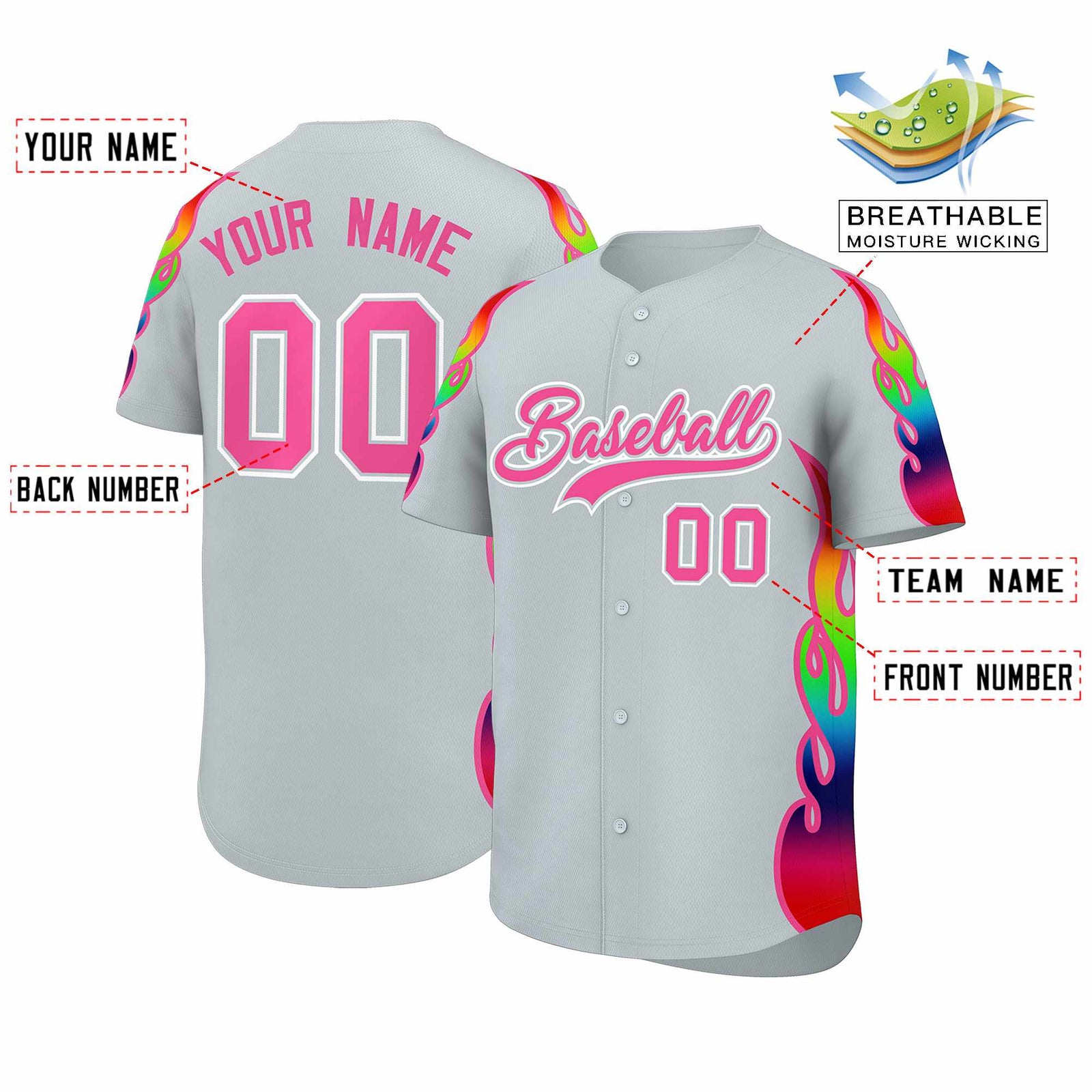 Custom Silver Graffiti Pattern Personalized Multicolored Flames Print Authentic Baseball Jersey