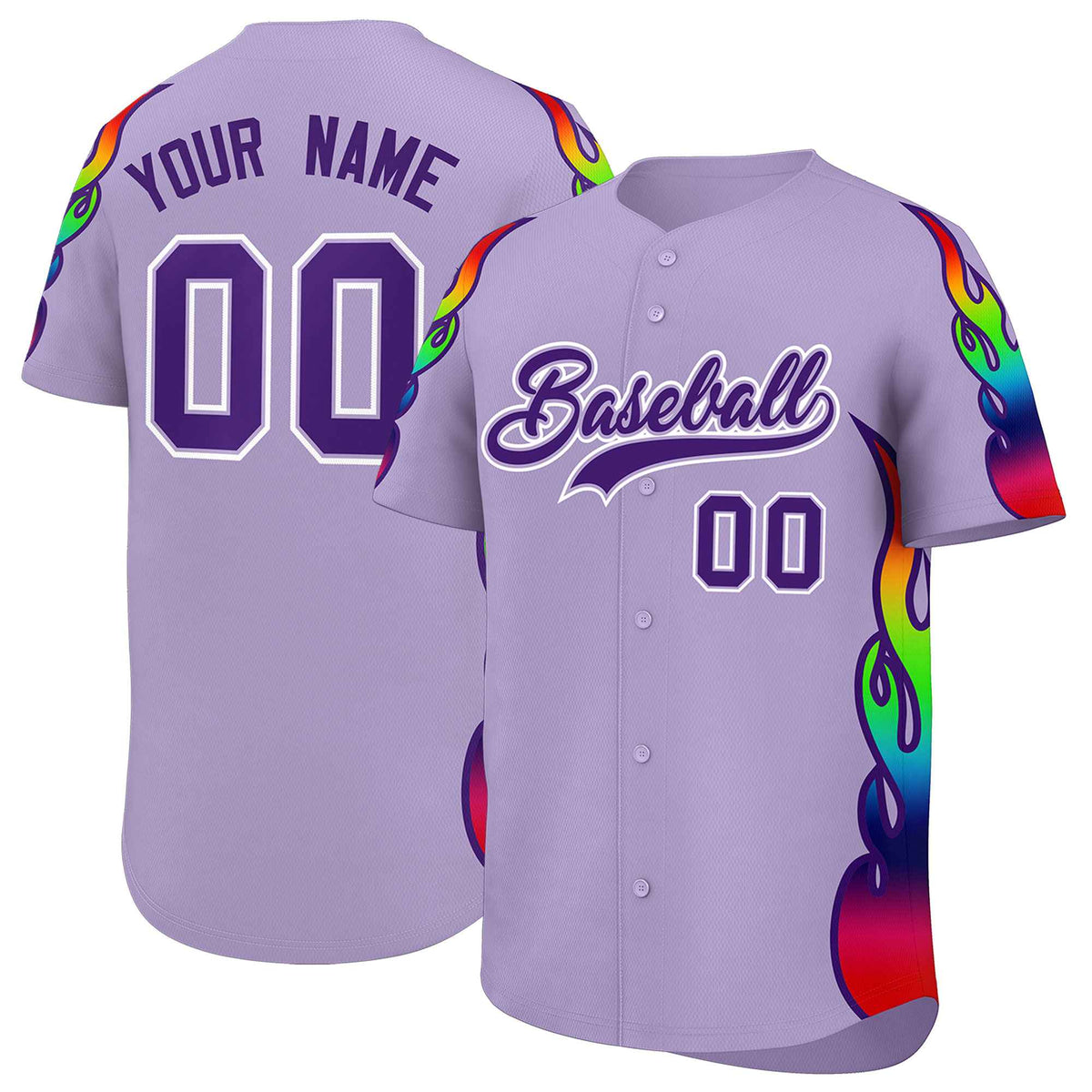 Custom Light Purple Graffiti Pattern Personalized Multicolored Flames Print Authentic Baseball Jersey