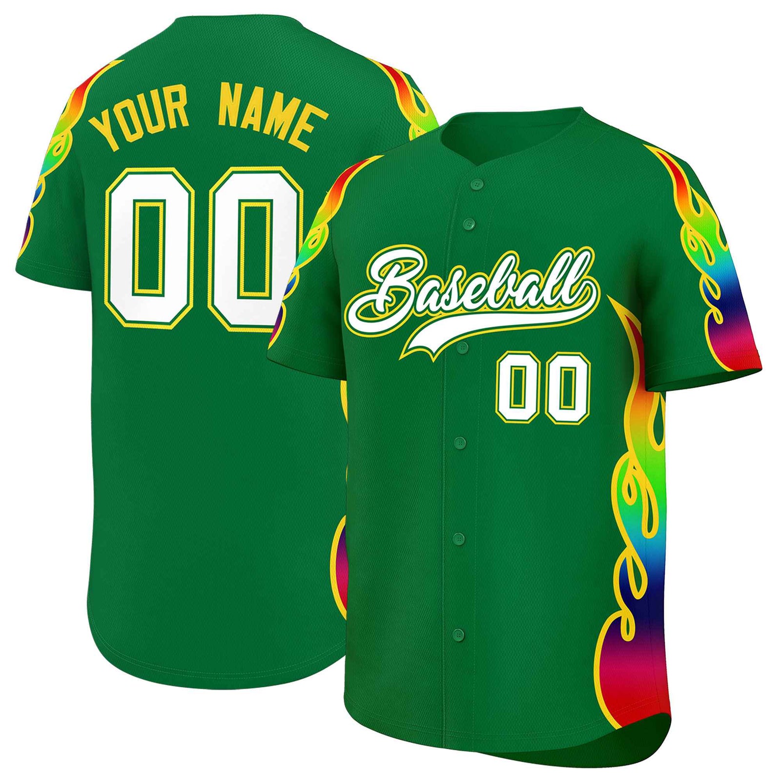 Custom Kelly Green Graffiti Pattern Personalized Multicolored Flames Print Authentic Baseball Jersey