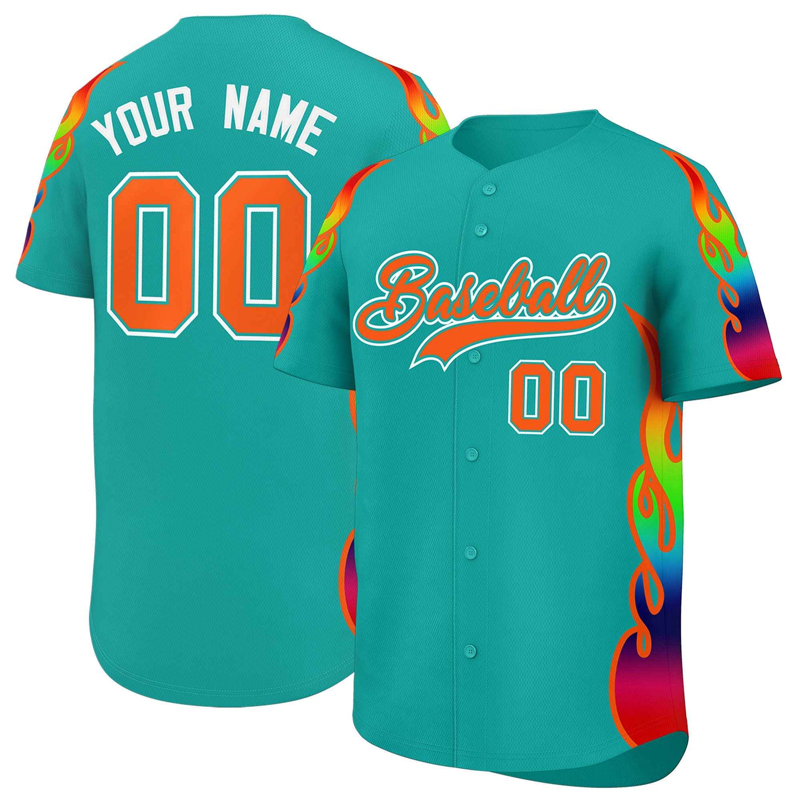 Custom Aqua Graffiti Pattern Personalized Multicolored Flames Print Authentic Baseball Jersey
