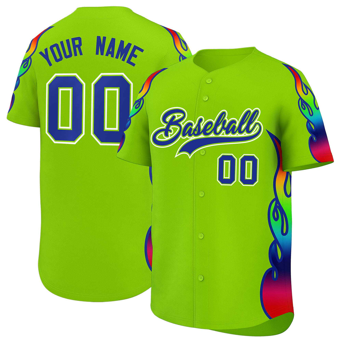 Custom Neon Green Graffiti Pattern Personalized Multicolored Flames Print Authentic Baseball Jersey