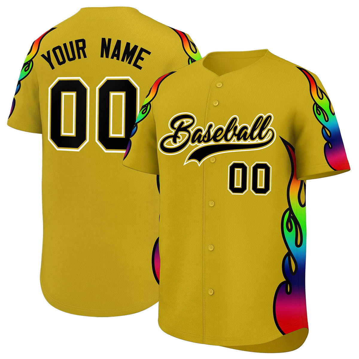 Custom Old Gold Graffiti Pattern Personalized Multicolored Flames Print Authentic Baseball Jersey