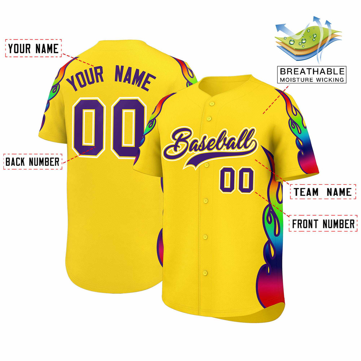Custom Gold Graffiti Pattern Personalized Multicolored Flames Print Authentic Baseball Jersey