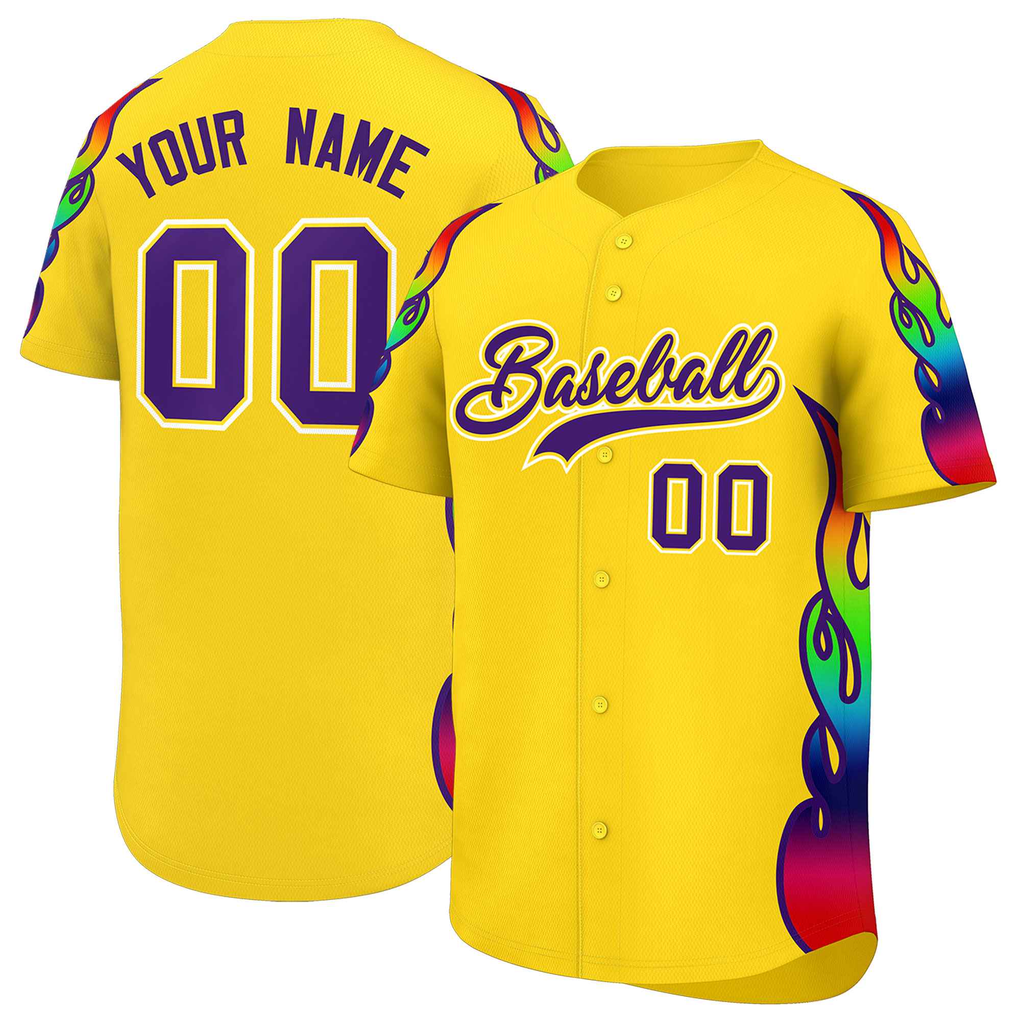 Custom Gold Graffiti Pattern Personalized Multicolored Flames Print Authentic Baseball Jersey