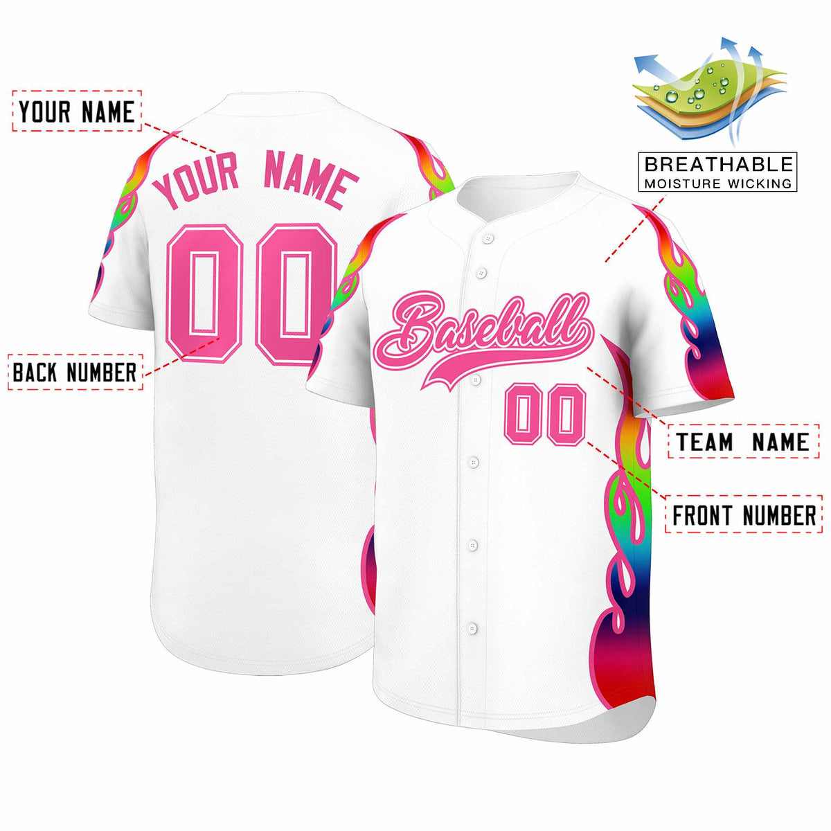 Custom White Graffiti Pattern Personalized Multicolored Flames Print Authentic Baseball Jersey