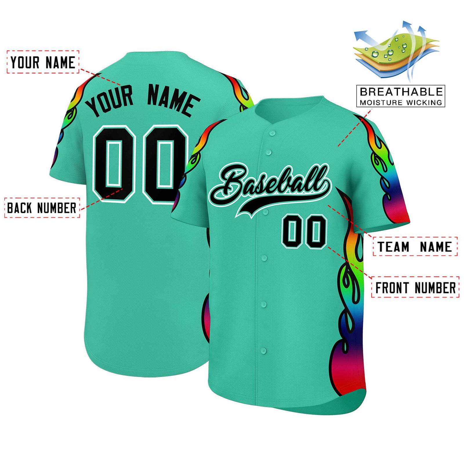 Custom Bright Green Graffiti Pattern Personalized Multicolored Flames Print Authentic Baseball Jersey