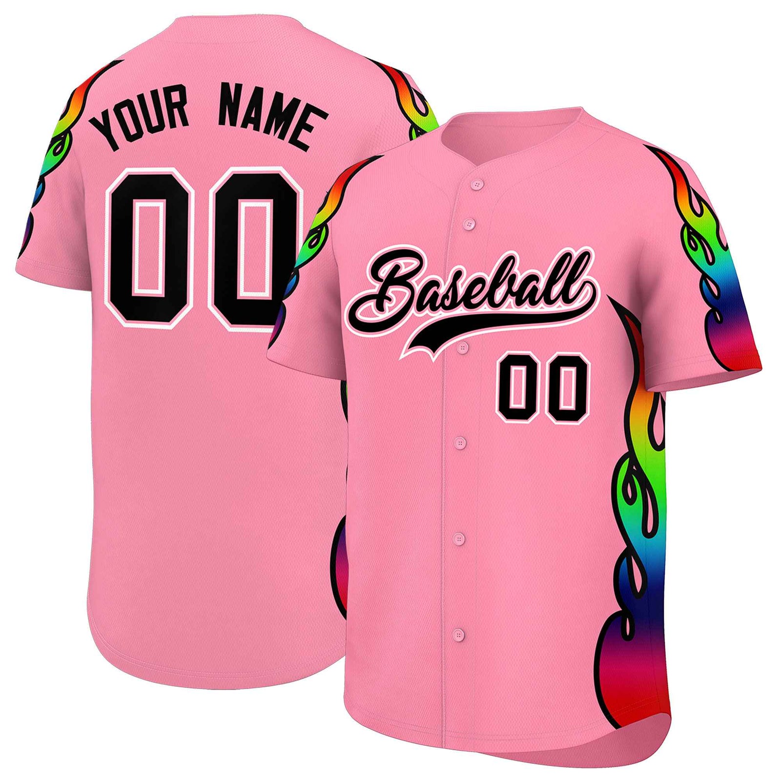 Custom Light Pink Graffiti Pattern Personalized Multicolored Flames Print Authentic Baseball Jersey