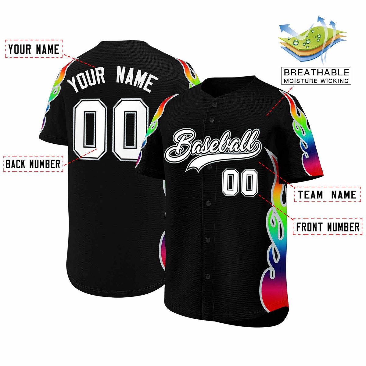 Custom Black Graffiti Pattern Personalized Multicolored Flames Print Authentic Baseball Jersey