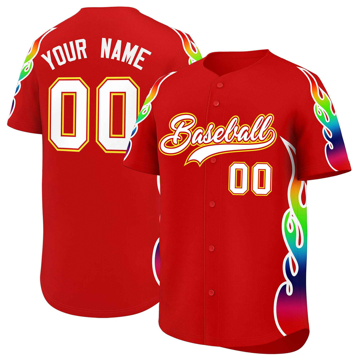 Custom Red Graffiti Pattern Personalized Multicolored Flames Print Authentic Baseball Jersey