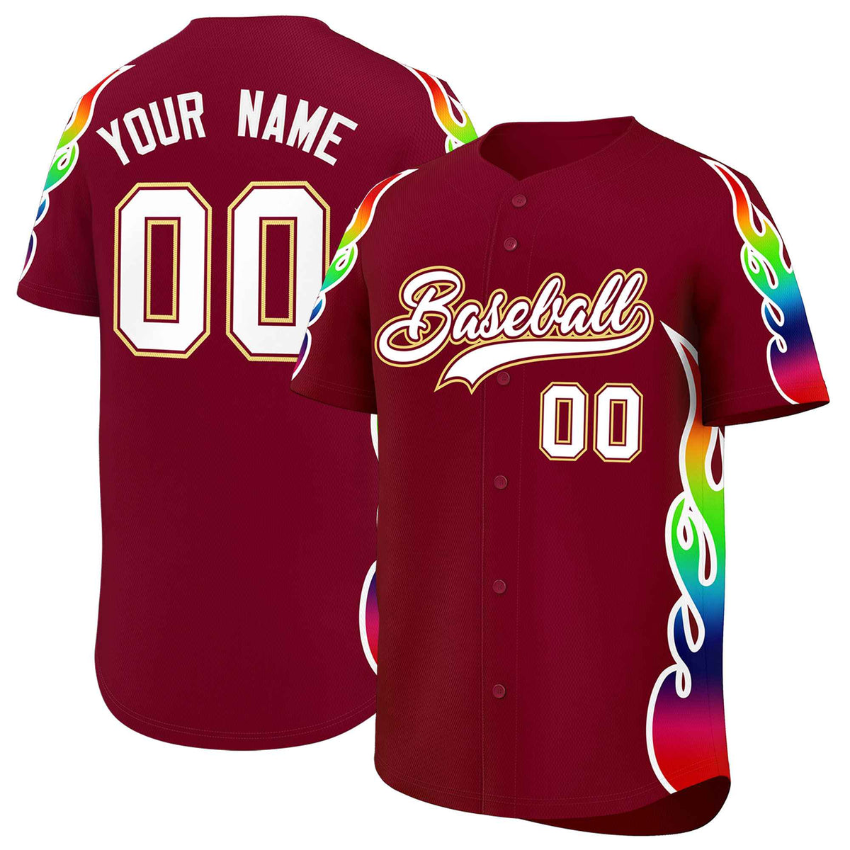 Custom Crimson Graffiti Pattern Personalized Multicolored Flames Print Authentic Baseball Jersey