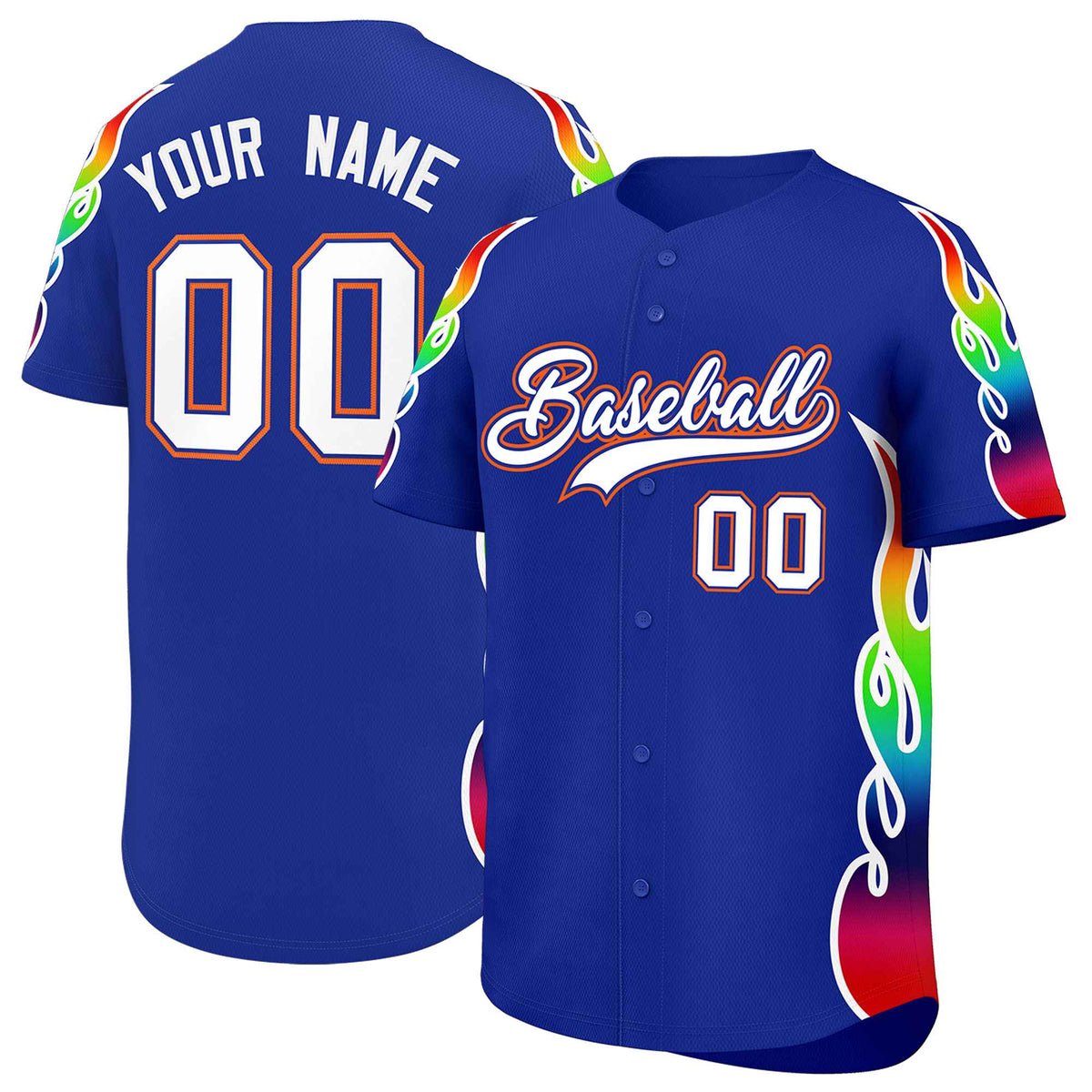 Custom Royal Graffiti Pattern Personalized Multicolored Flames Print Authentic Baseball Jersey