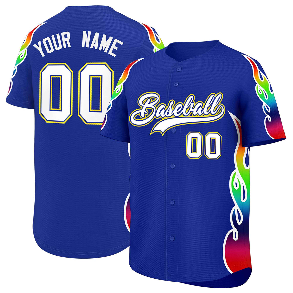 Custom Royal Graffiti Pattern Personalized Multicolored Flames Print Authentic Baseball Jersey