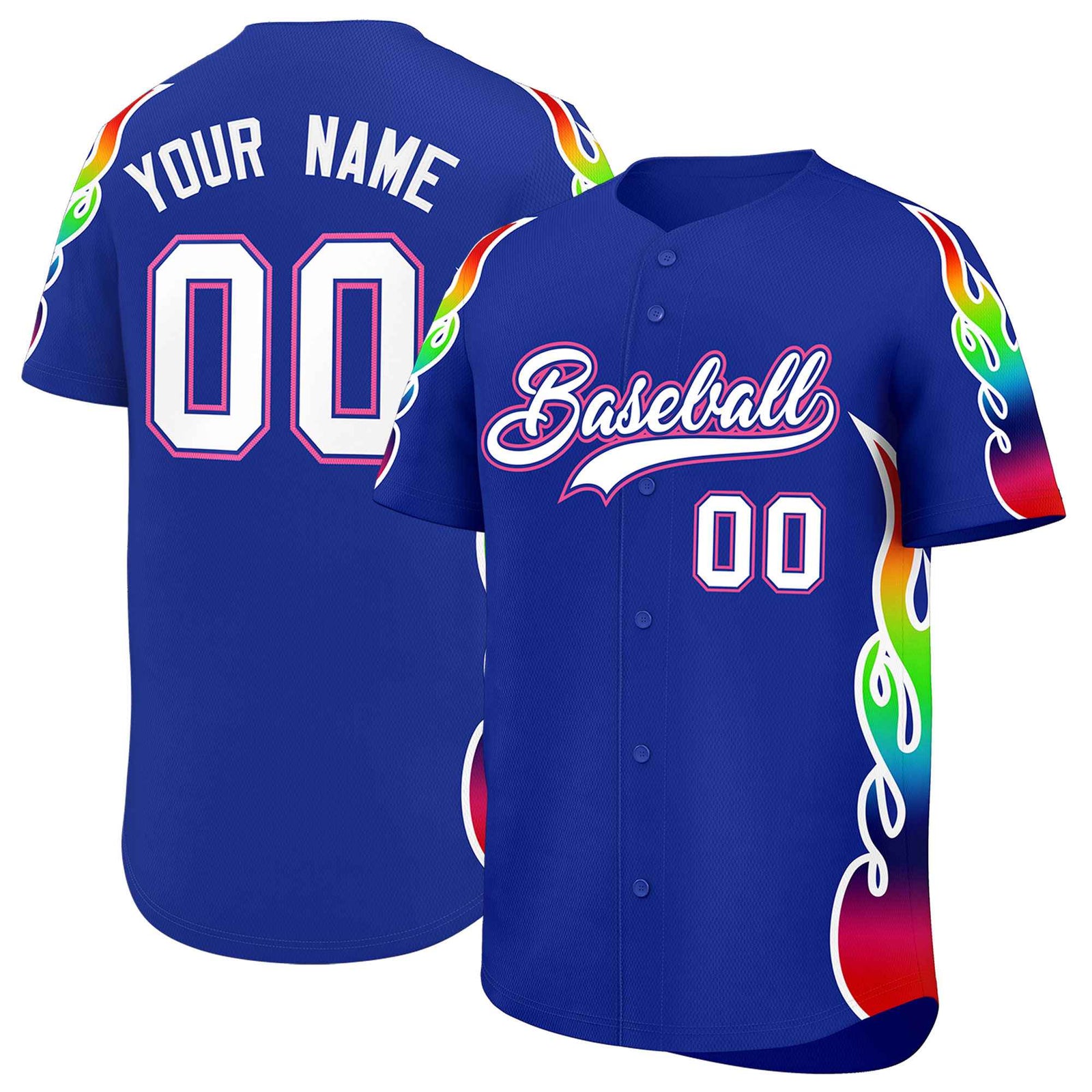 Custom Royal Graffiti Pattern Personalized Multicolored Flames Print Authentic Baseball Jersey