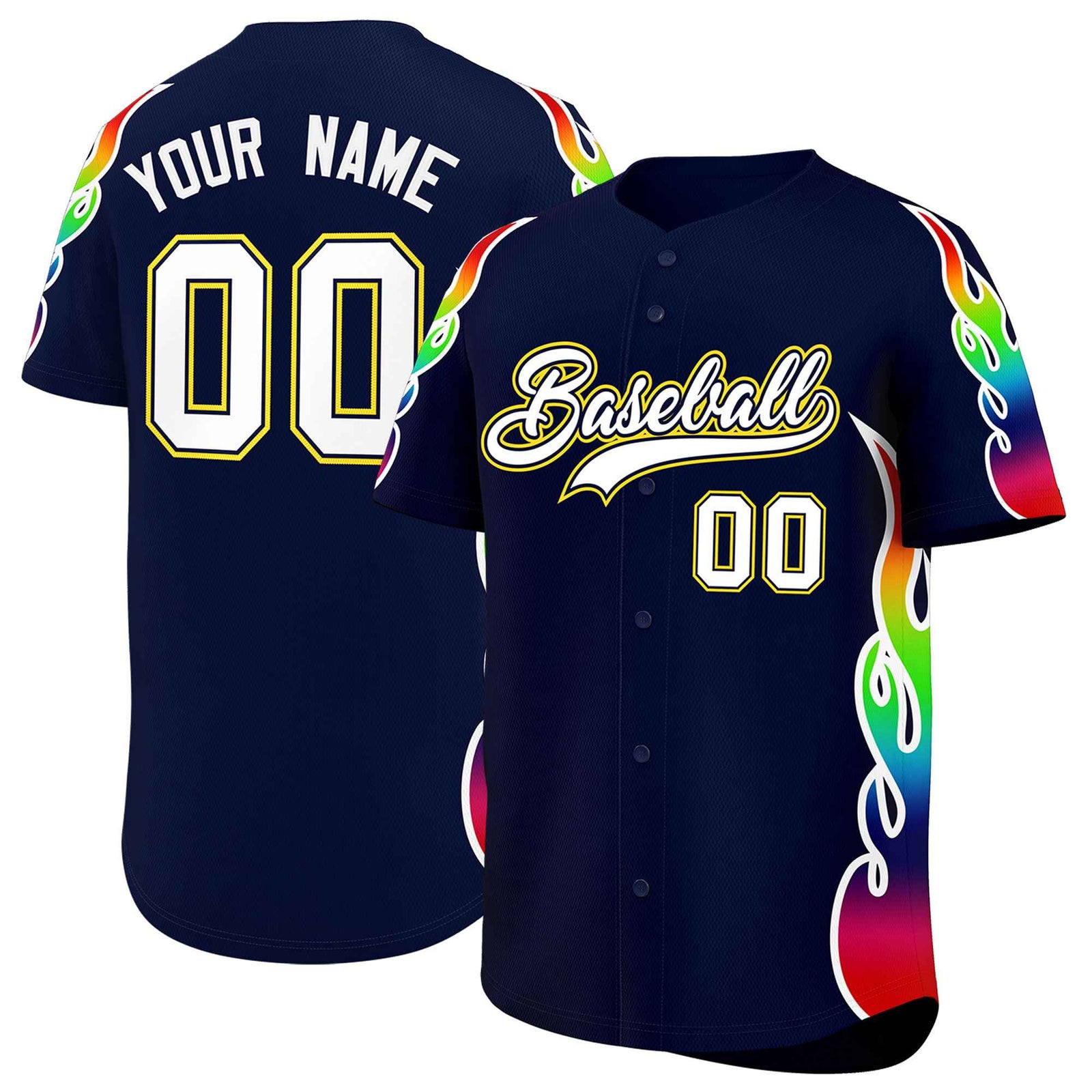 Custom Navy Graffiti Pattern Personalized Multicolored Flames Print Authentic Baseball Jersey