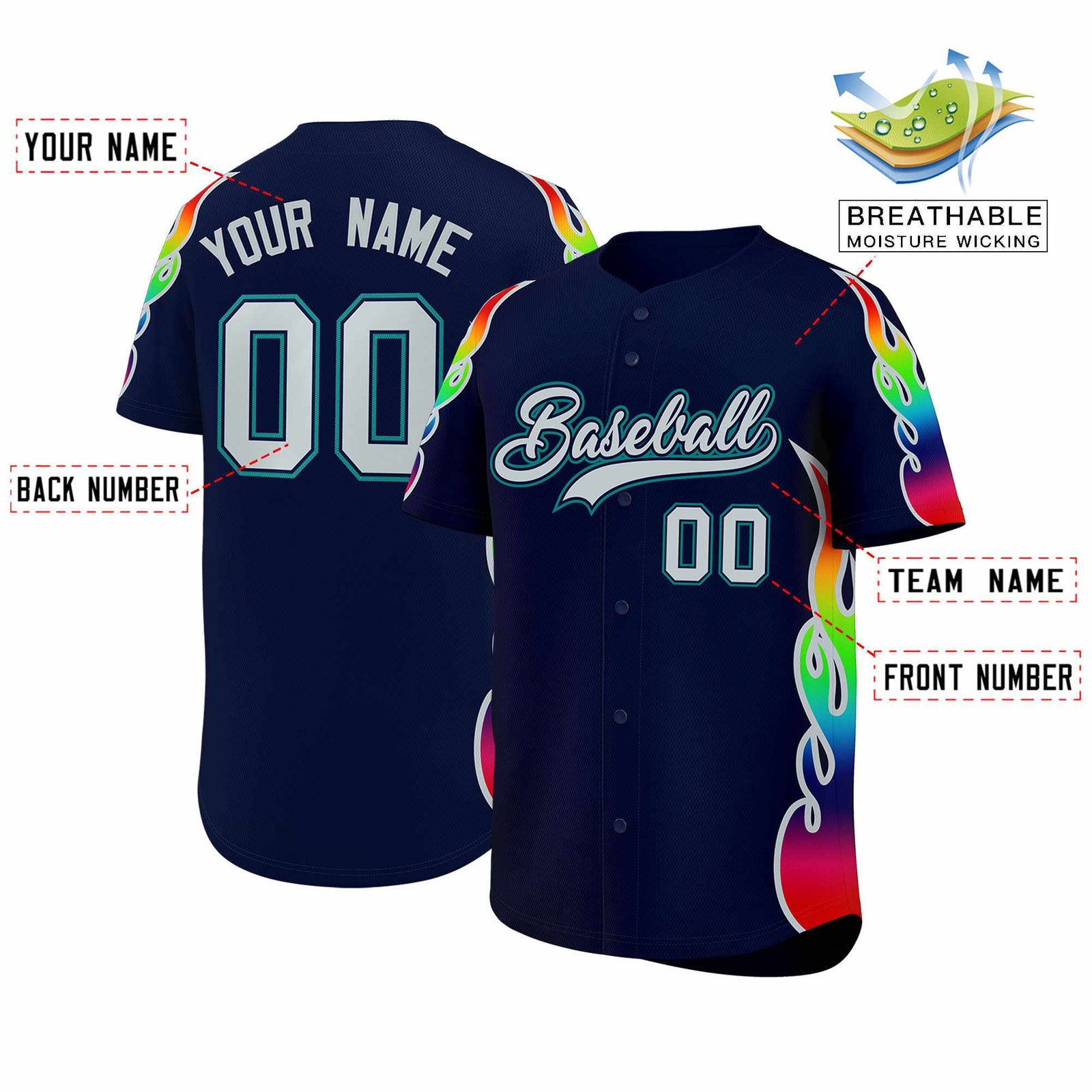 Custom Navy Graffiti Pattern Personalized Multicolored Flames Print Authentic Baseball Jersey