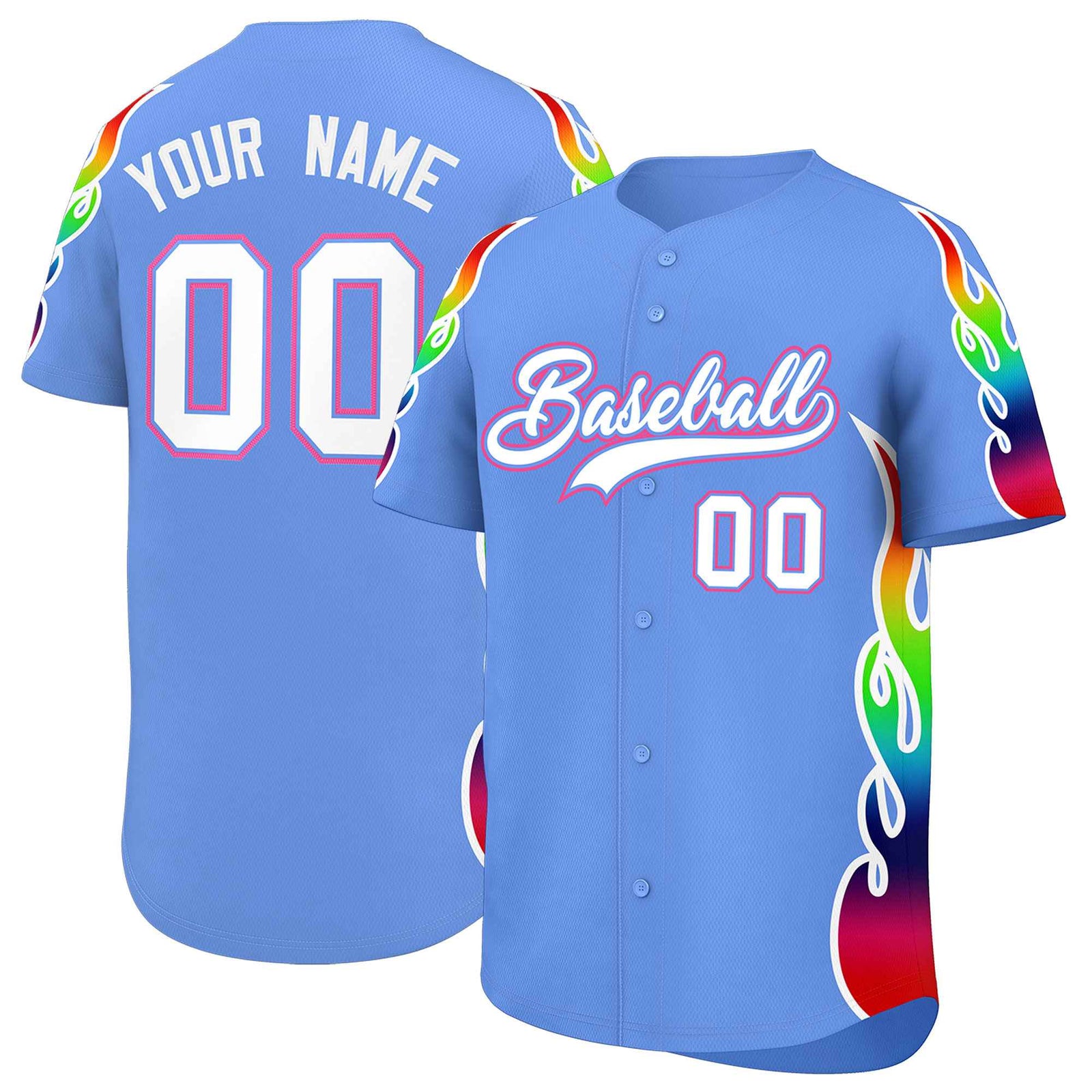 Custom Light Blue Graffiti Pattern Personalized Multicolored Flames Print Authentic Baseball Jersey