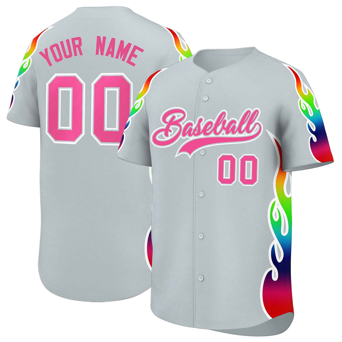 Custom Silver Graffiti Pattern Personalized Multicolored Flames Print Authentic Baseball Jersey