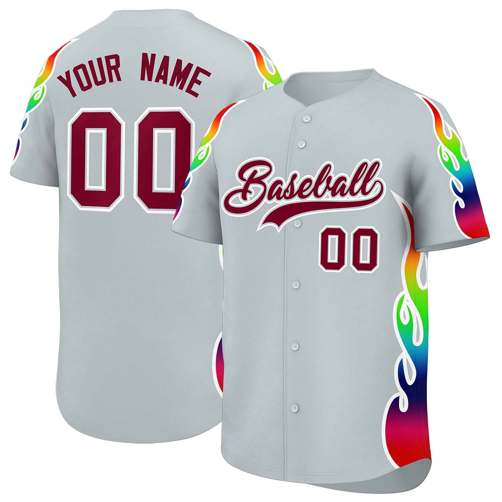 Custom Silver Graffiti Pattern Personalized Multicolored Flames Print Authentic Baseball Jersey