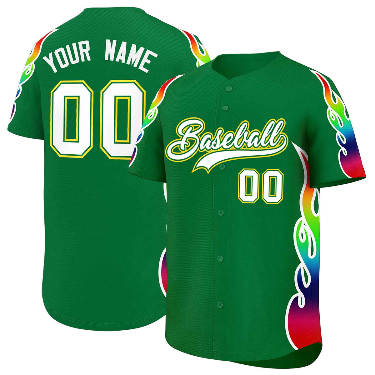 Custom Kelly Green Graffiti Pattern Personalized Multicolored Flames Print Authentic Baseball Jersey