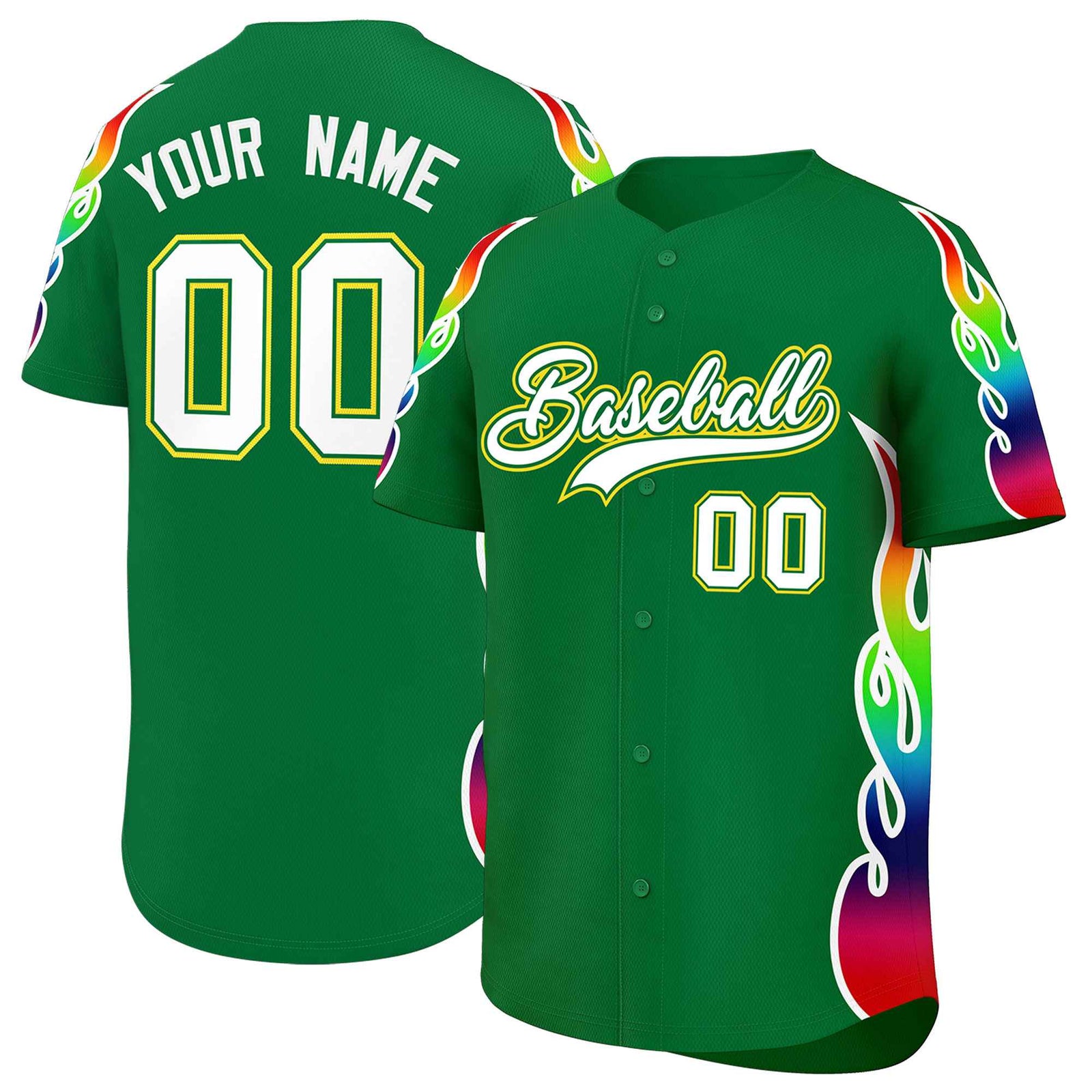 Custom Kelly Green Graffiti Pattern Personalized Multicolored Flames Print Authentic Baseball Jersey
