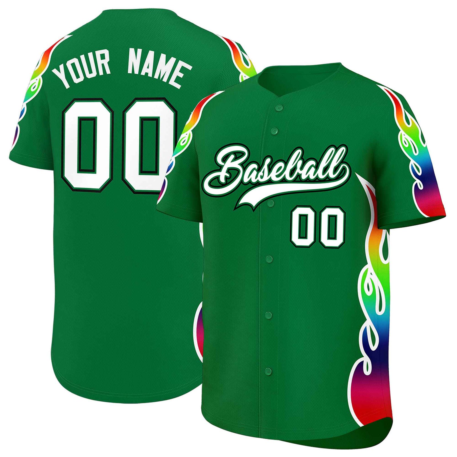 Custom Kelly Green Graffiti Pattern Personalized Multicolored Flames Print Authentic Baseball Jersey