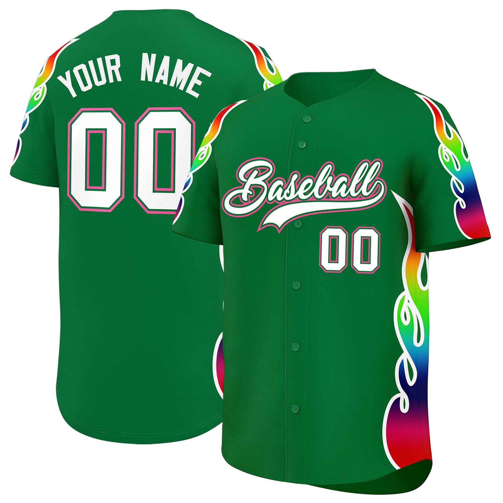 Custom Kelly Green Graffiti Pattern Personalized Multicolored Flames Print Authentic Baseball Jersey