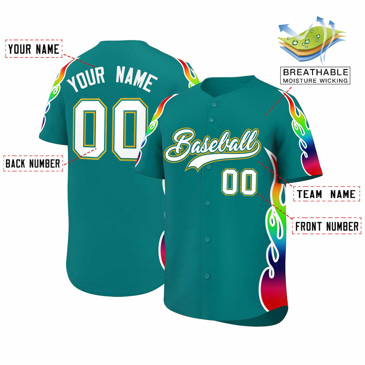 Custom Aqua Graffiti Pattern Personalized Multicolored Flames Print Authentic Baseball Jersey