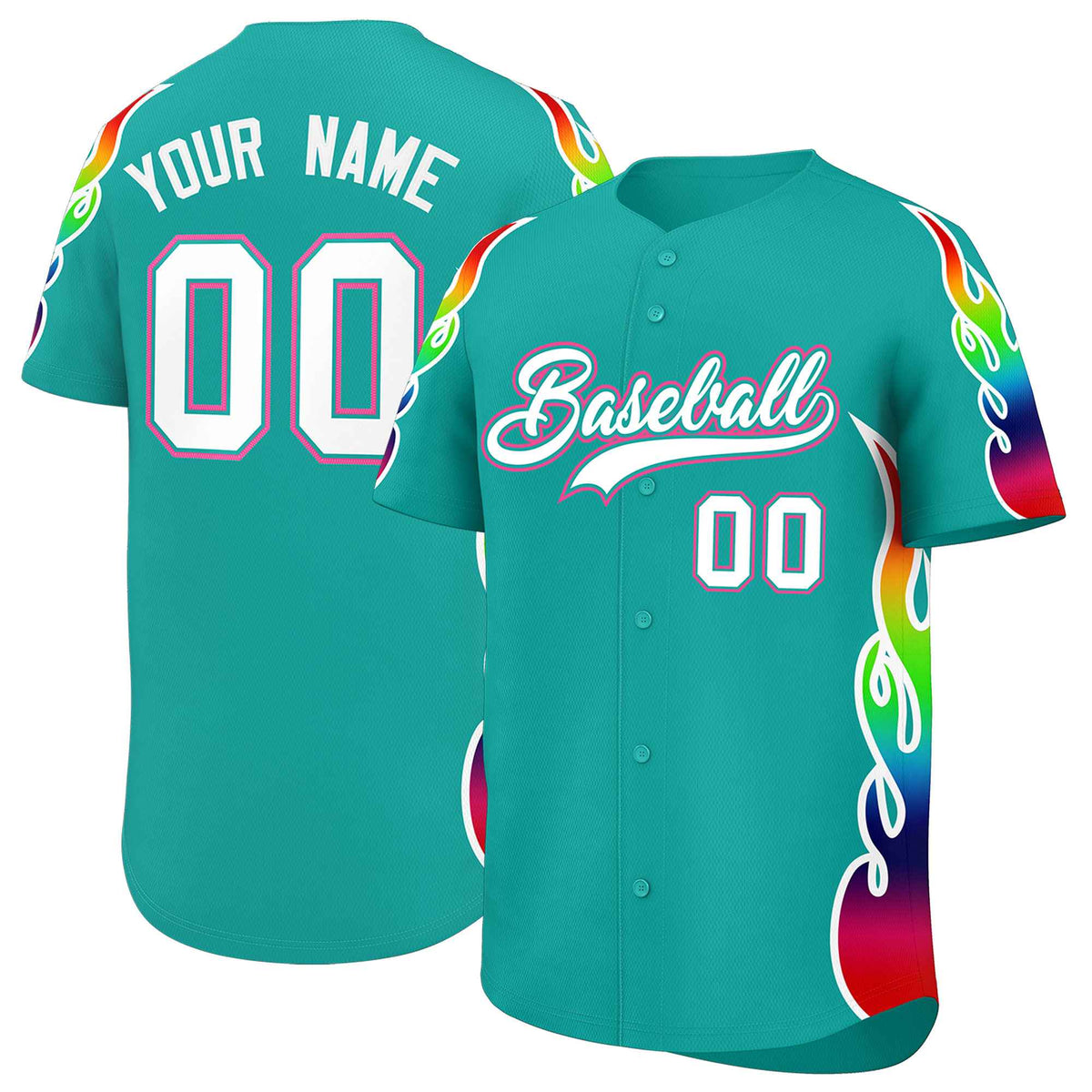 Custom Aqua Graffiti Pattern Personalized Multicolored Flames Print Authentic Baseball Jersey