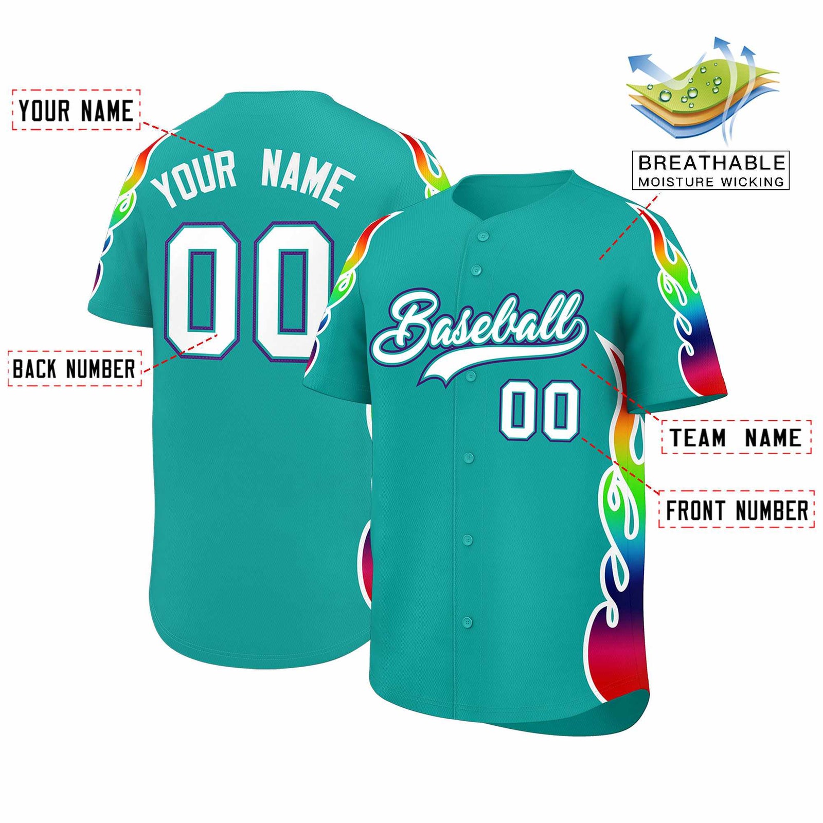 Custom Aqua Graffiti Pattern Personalized Multicolored Flames Print Authentic Baseball Jersey
