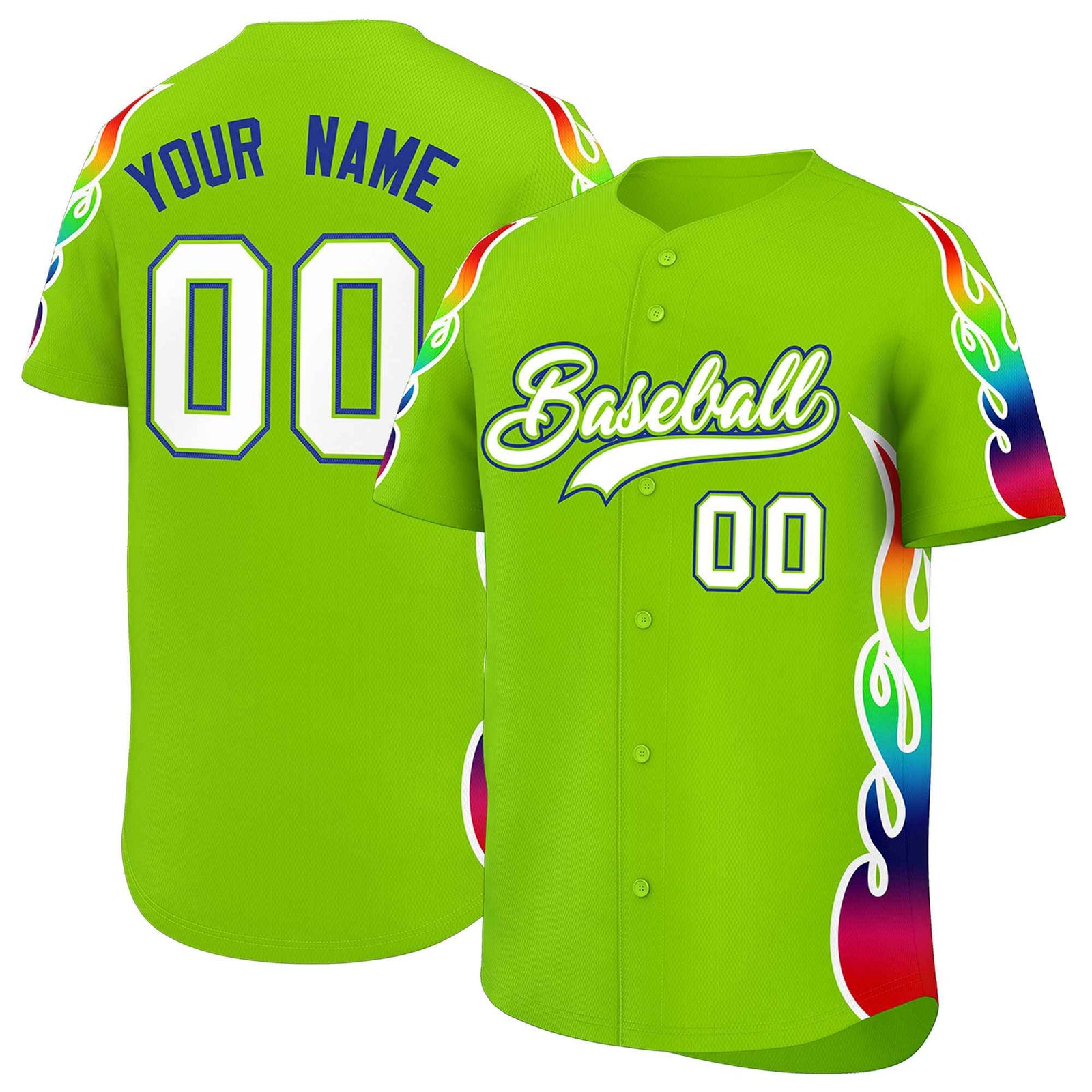 Custom Neon Green Graffiti Pattern Personalized Multicolored Flames Print Authentic Baseball Jersey