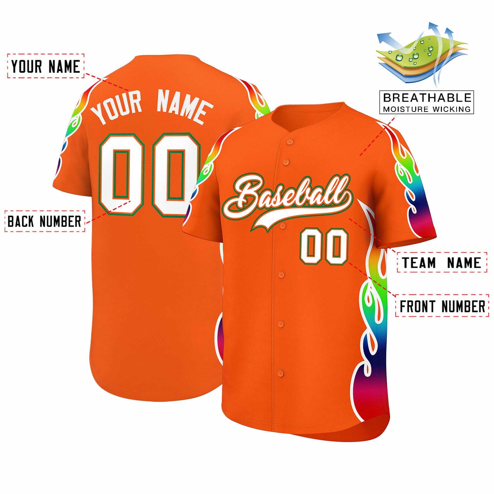 Custom Orange Graffiti Pattern Personalized Multicolored Flames Print Authentic Baseball Jersey
