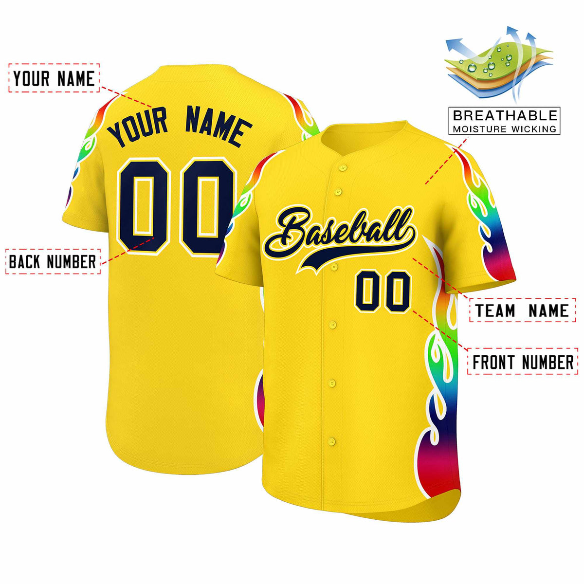 Custom Gold Graffiti Pattern Personalized Multicolored Flames Print Authentic Baseball Jersey
