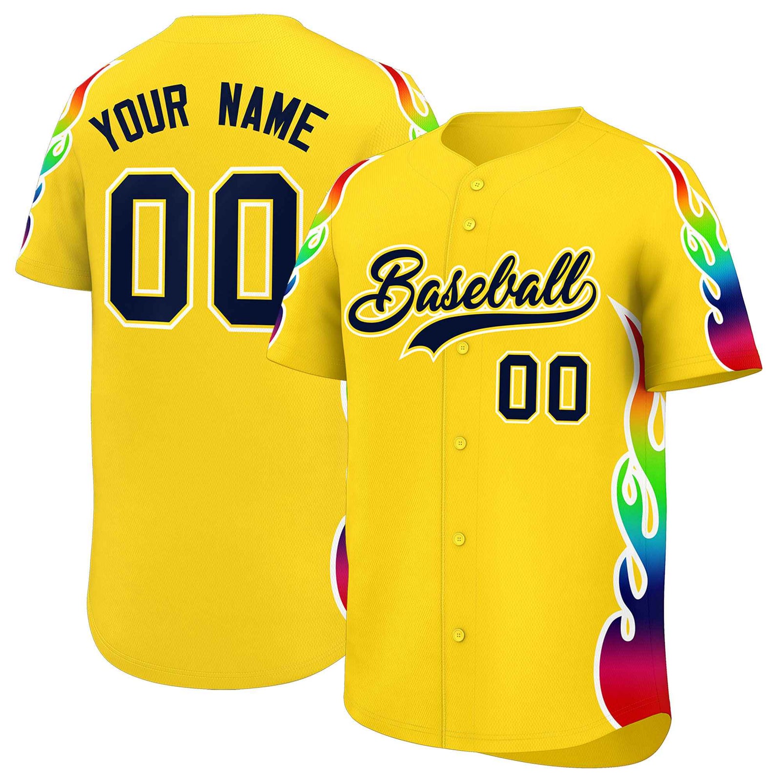 Custom Gold Graffiti Pattern Personalized Multicolored Flames Print Authentic Baseball Jersey