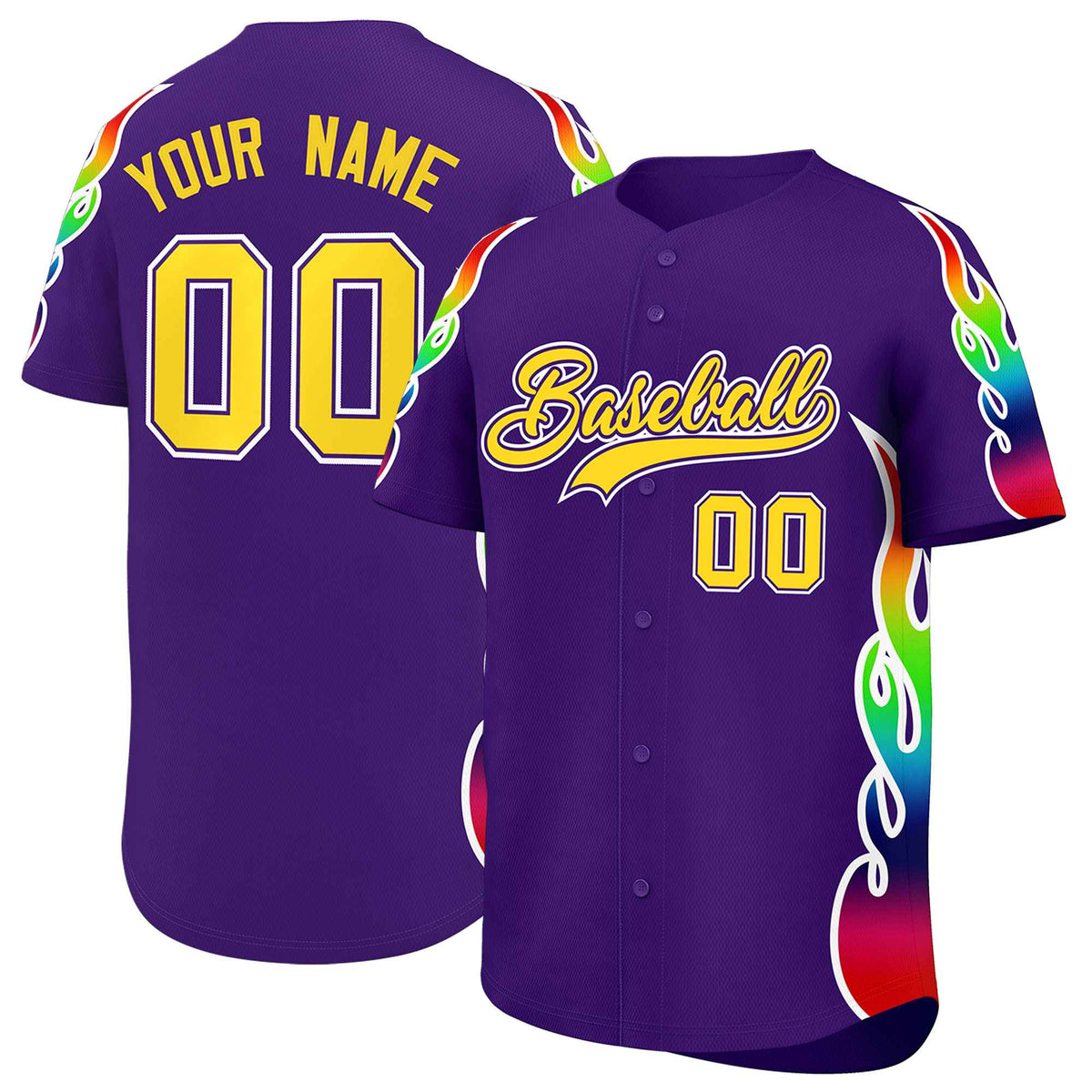 Custom Purple Graffiti Pattern Personalized Multicolored Flames Print Authentic Baseball Jersey