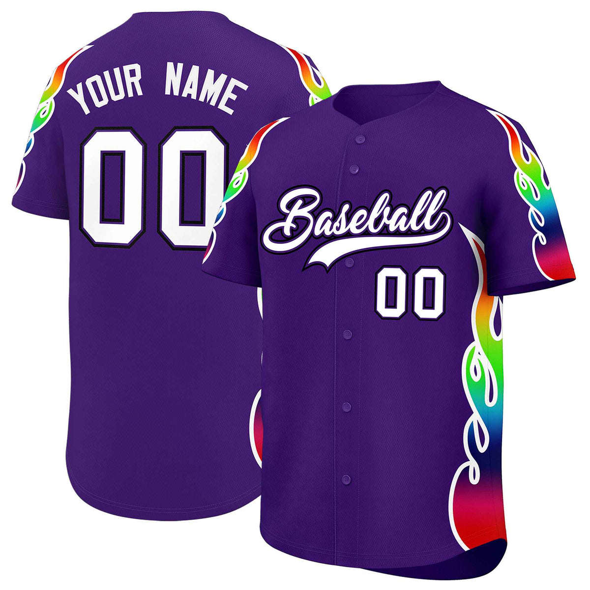 Custom Purple Graffiti Pattern Personalized Multicolored Flames Print Authentic Baseball Jersey