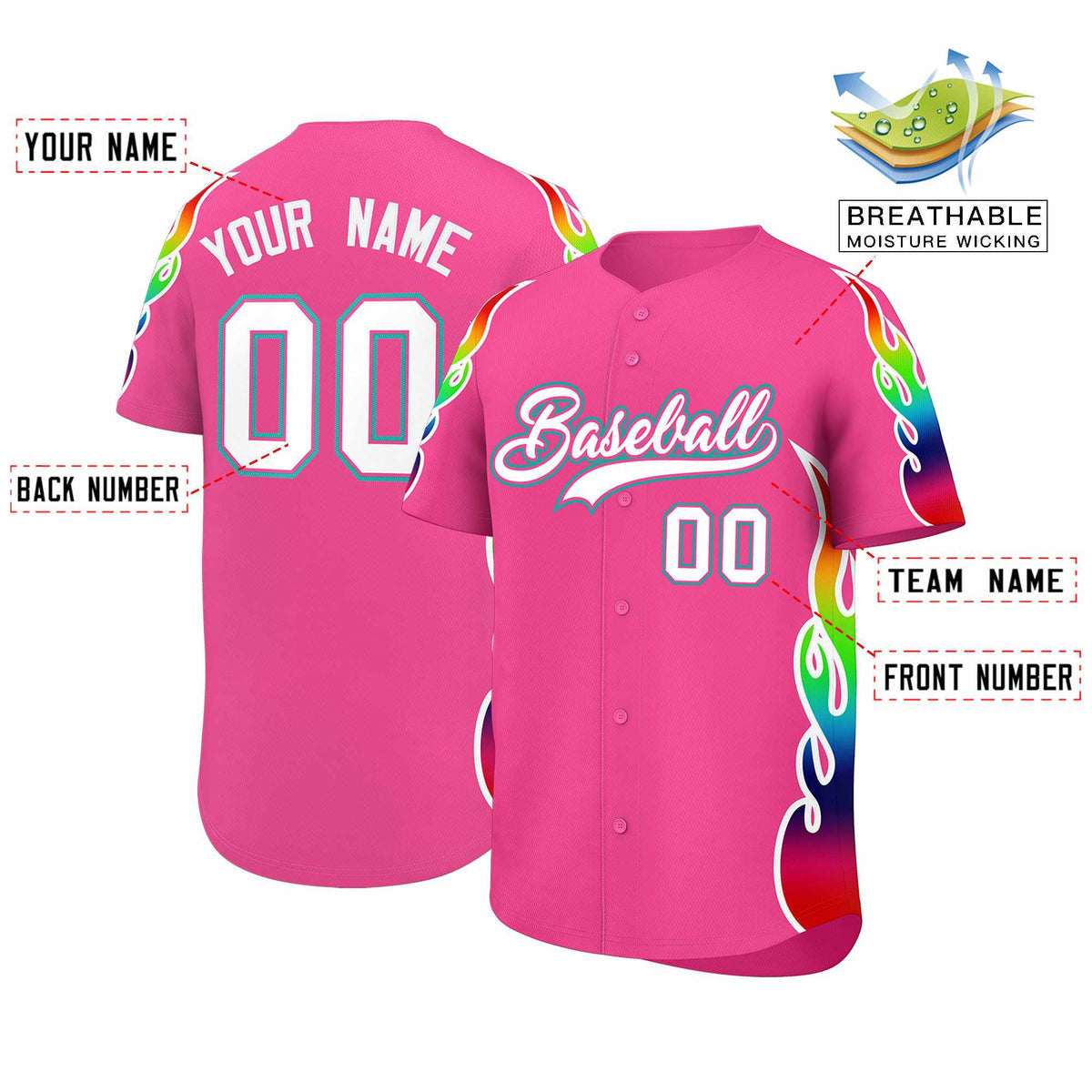 Custom Pink Graffiti Pattern Personalized Multicolored Flames Print Authentic Baseball Jersey