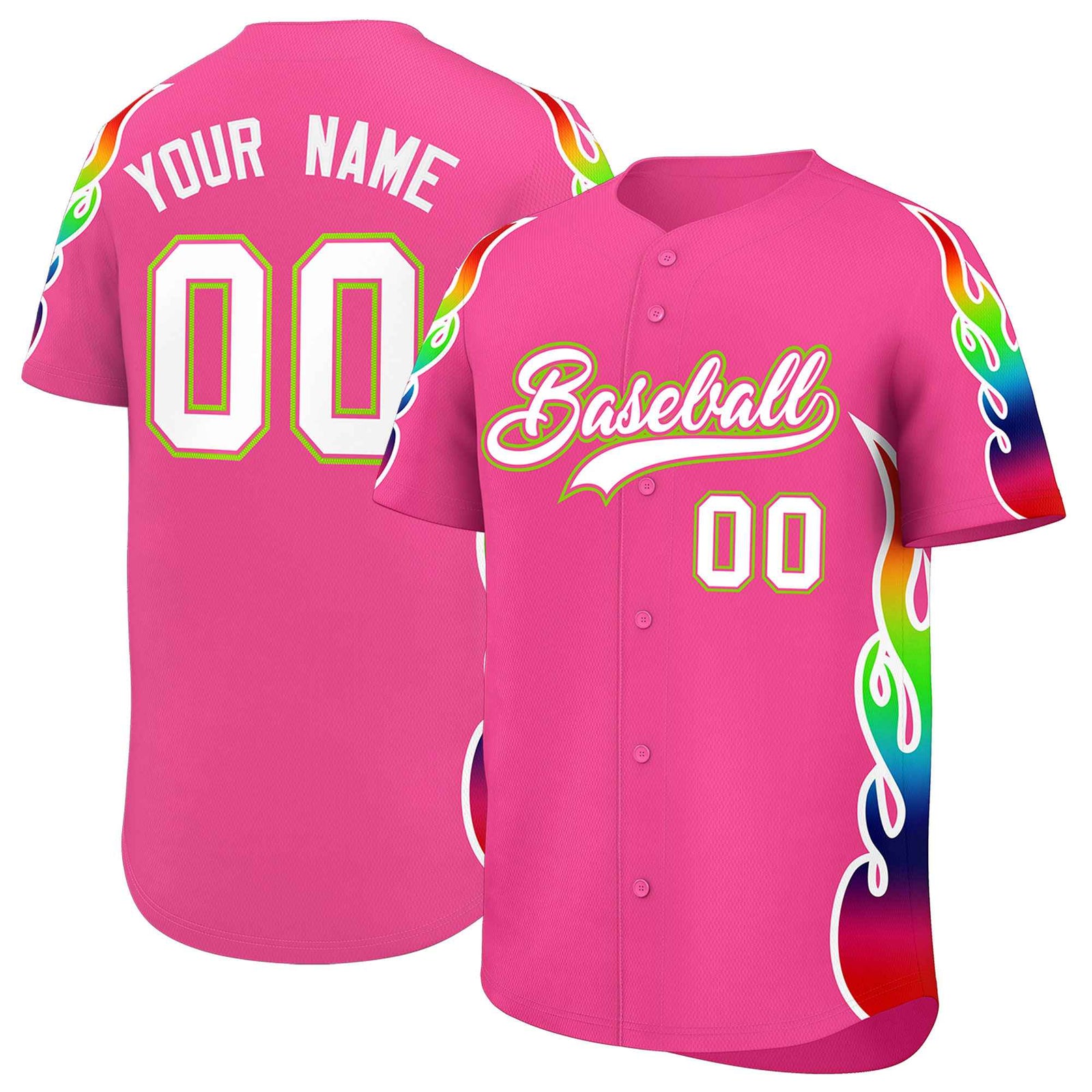 Custom Pink Graffiti Pattern Personalized Multicolored Flames Print Authentic Baseball Jersey