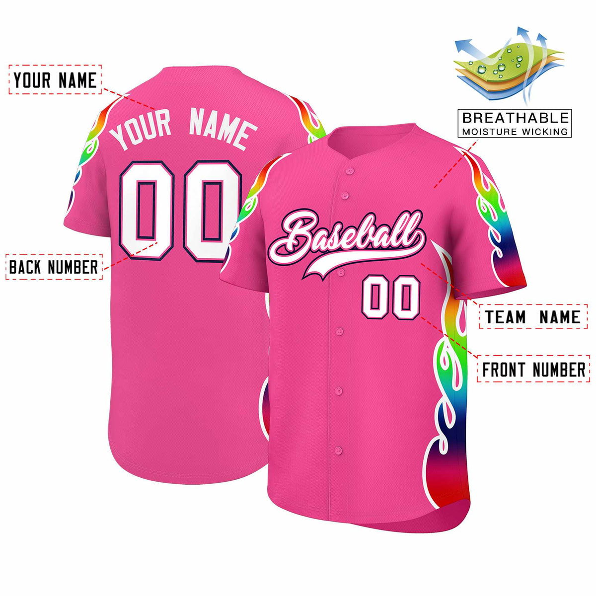 Custom Pink Graffiti Pattern Personalized Multicolored Flames Print Authentic Baseball Jersey