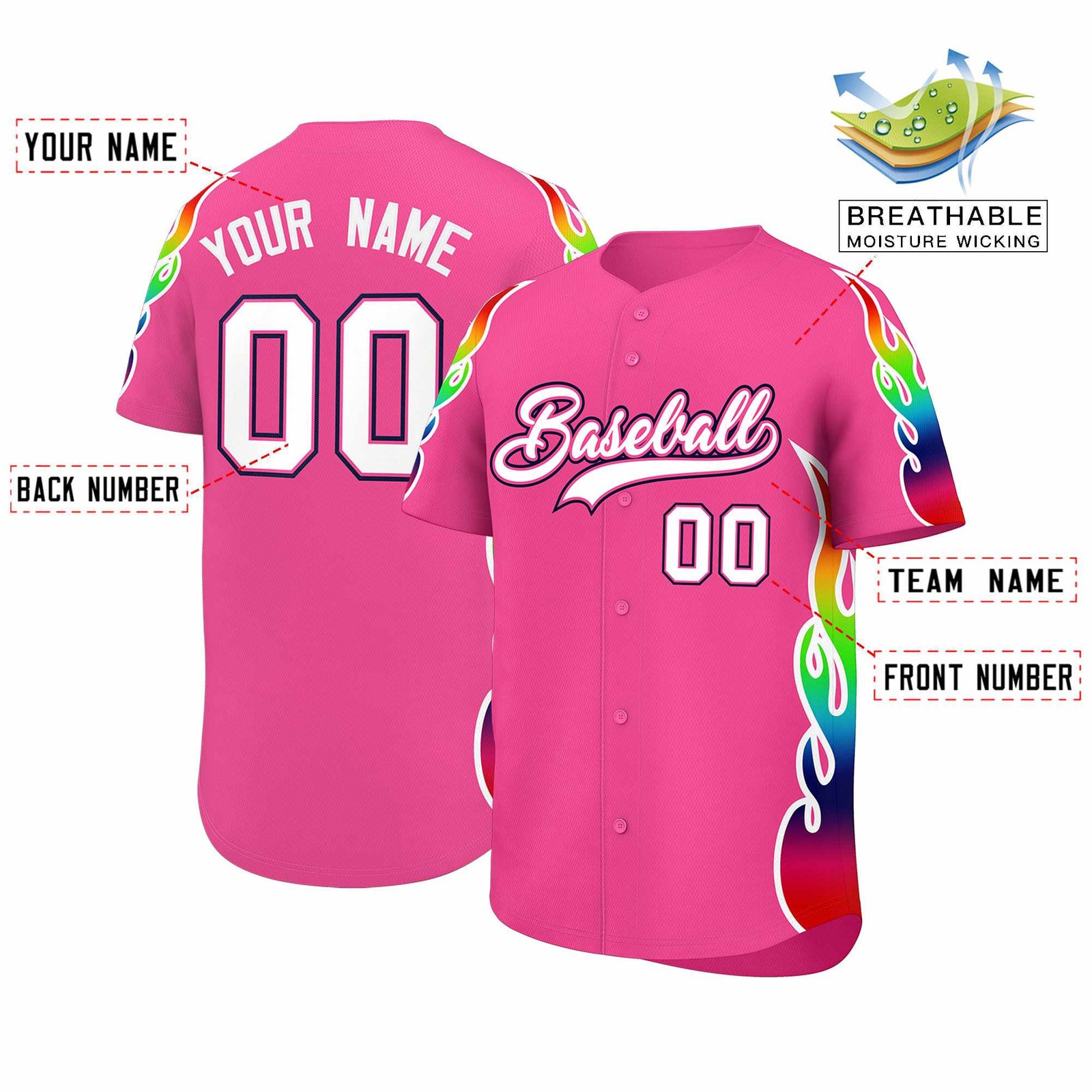 Custom Pink Graffiti Pattern Personalized Multicolored Flames Print Authentic Baseball Jersey