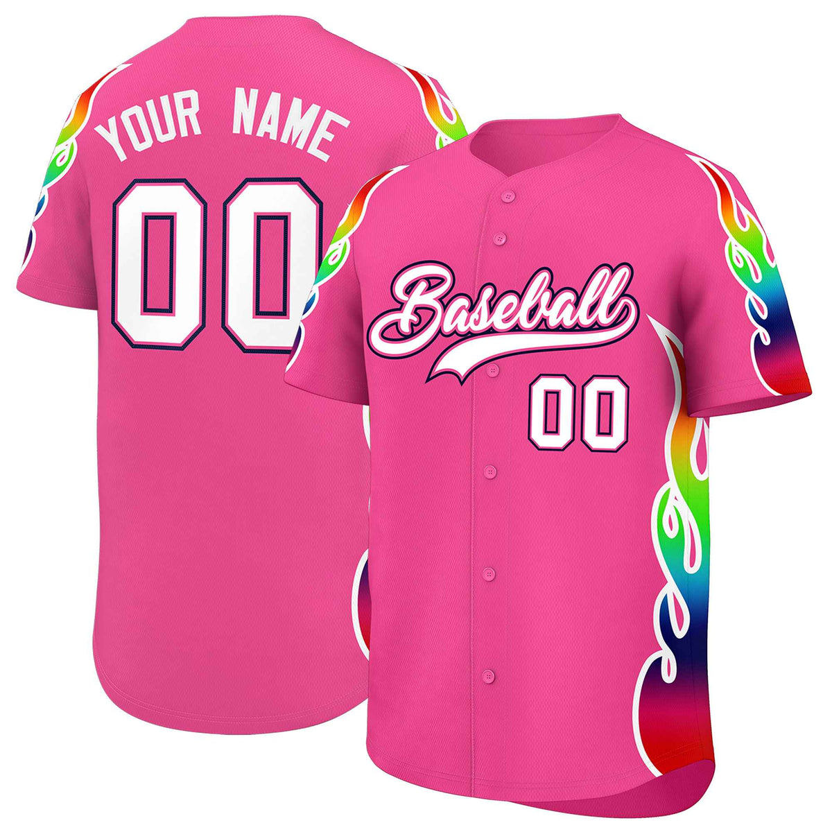 Custom Pink Graffiti Pattern Personalized Multicolored Flames Print Authentic Baseball Jersey