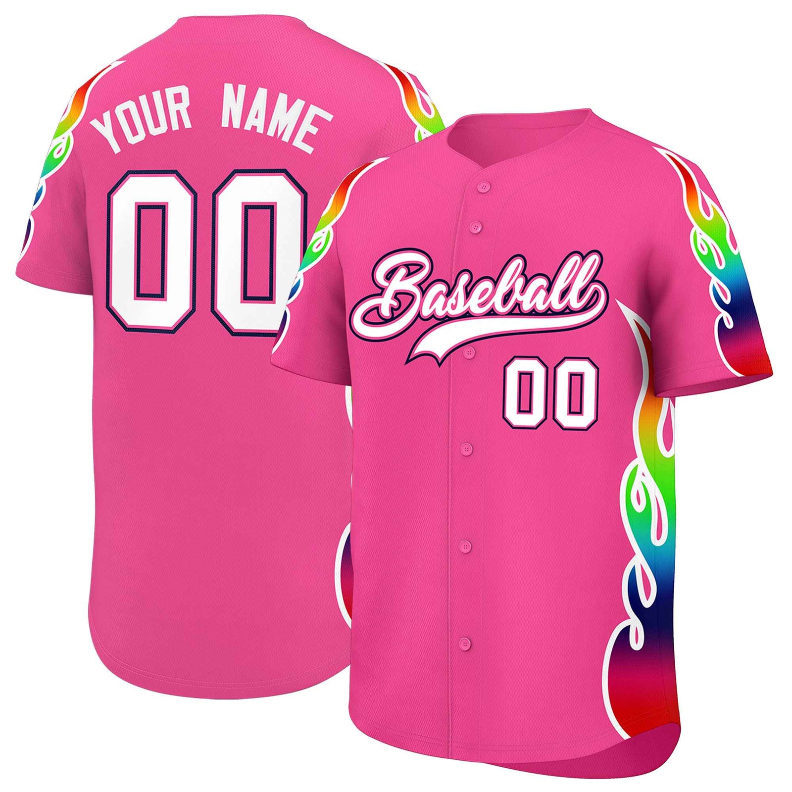 Custom Pink Graffiti Pattern Personalized Multicolored Flames Print Authentic Baseball Jersey