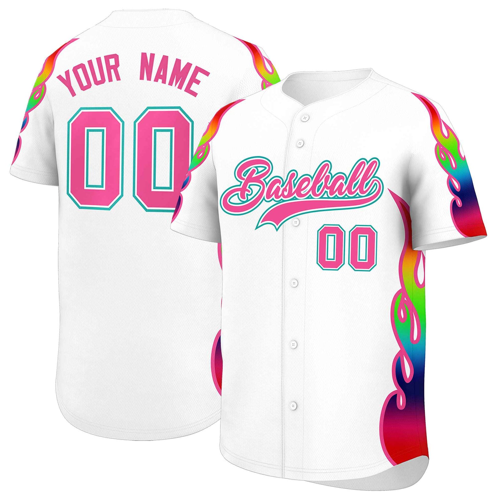 Custom White Graffiti Pattern Personalized Multicolored Flames Print Authentic Baseball Jersey