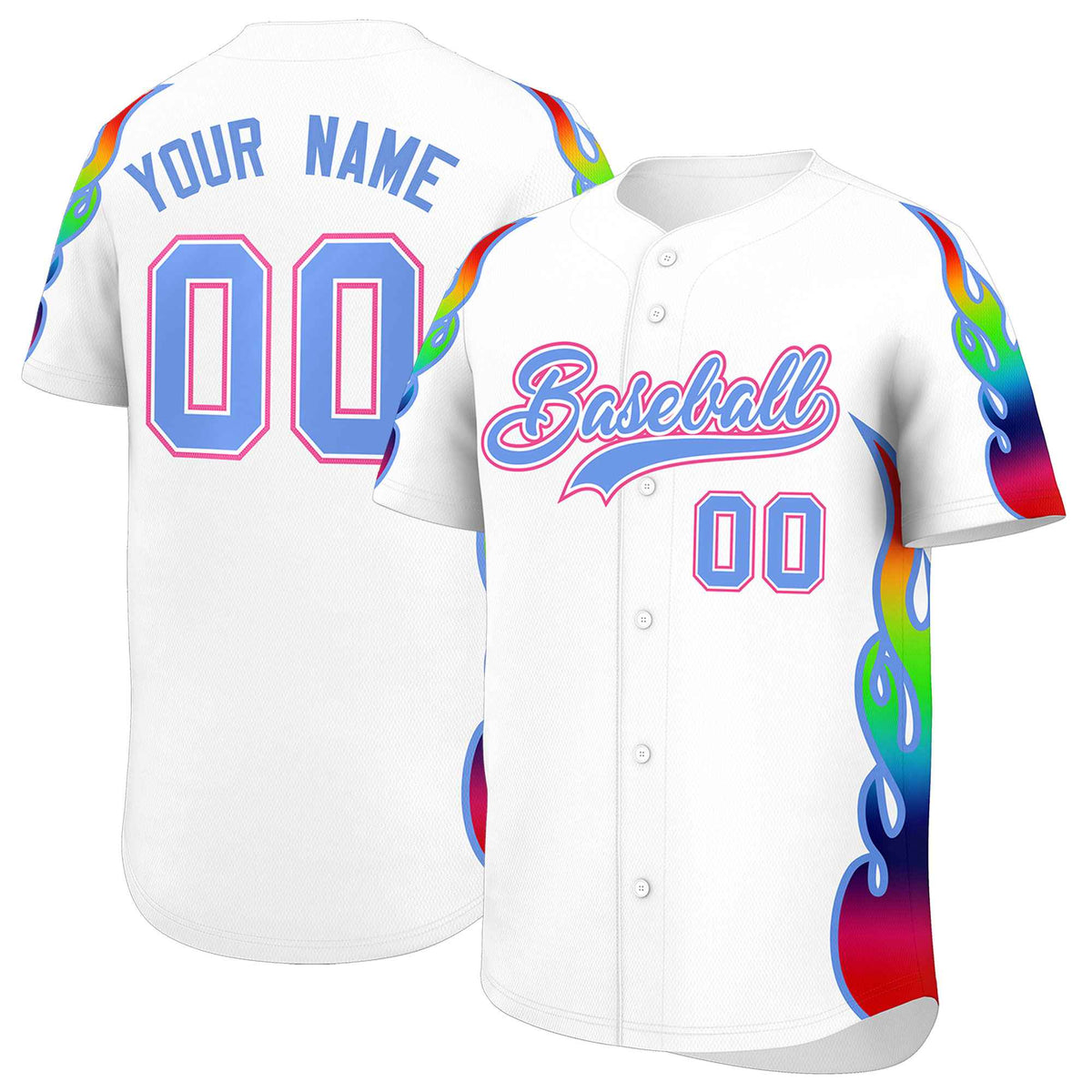 Custom White Graffiti Pattern Personalized Multicolored Flames Print Authentic Baseball Jersey