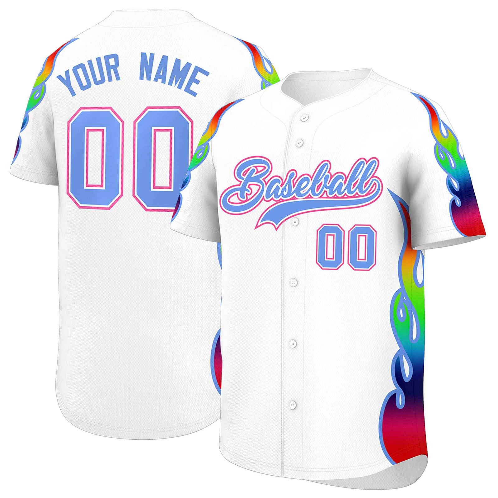 Custom White Graffiti Pattern Personalized Multicolored Flames Print Authentic Baseball Jersey
