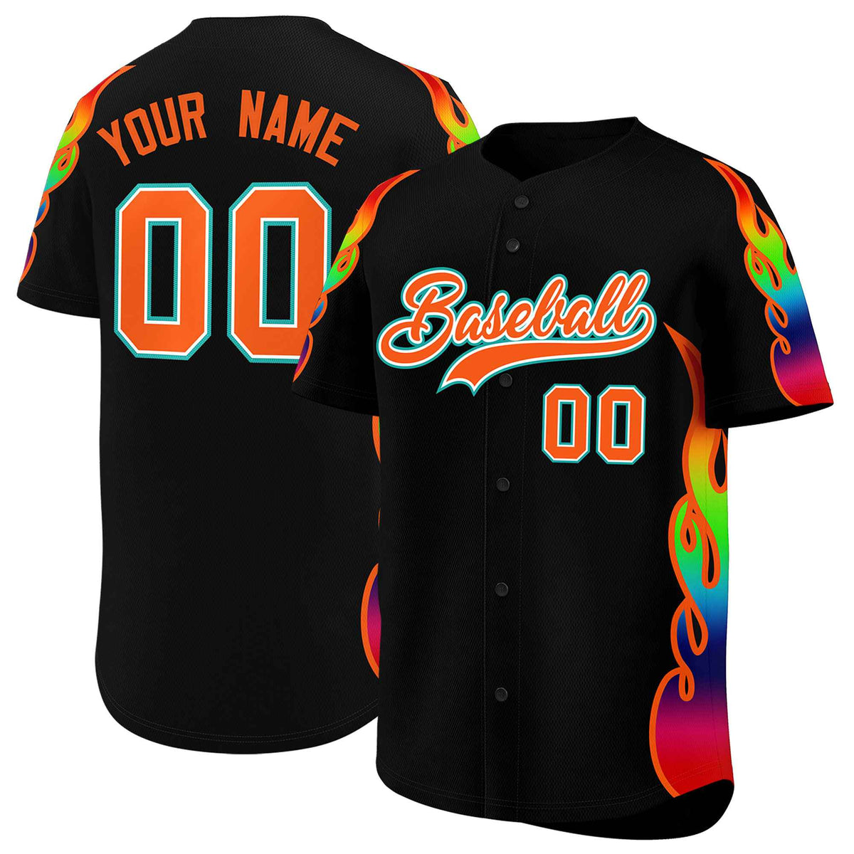 Custom Black Graffiti Pattern Personalized Multicolored Flames Print Authentic Baseball Jersey