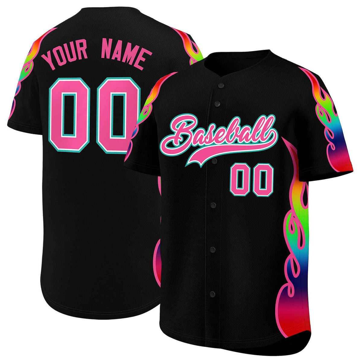 Custom Black Graffiti Pattern Personalized Multicolored Flames Print Authentic Baseball Jersey