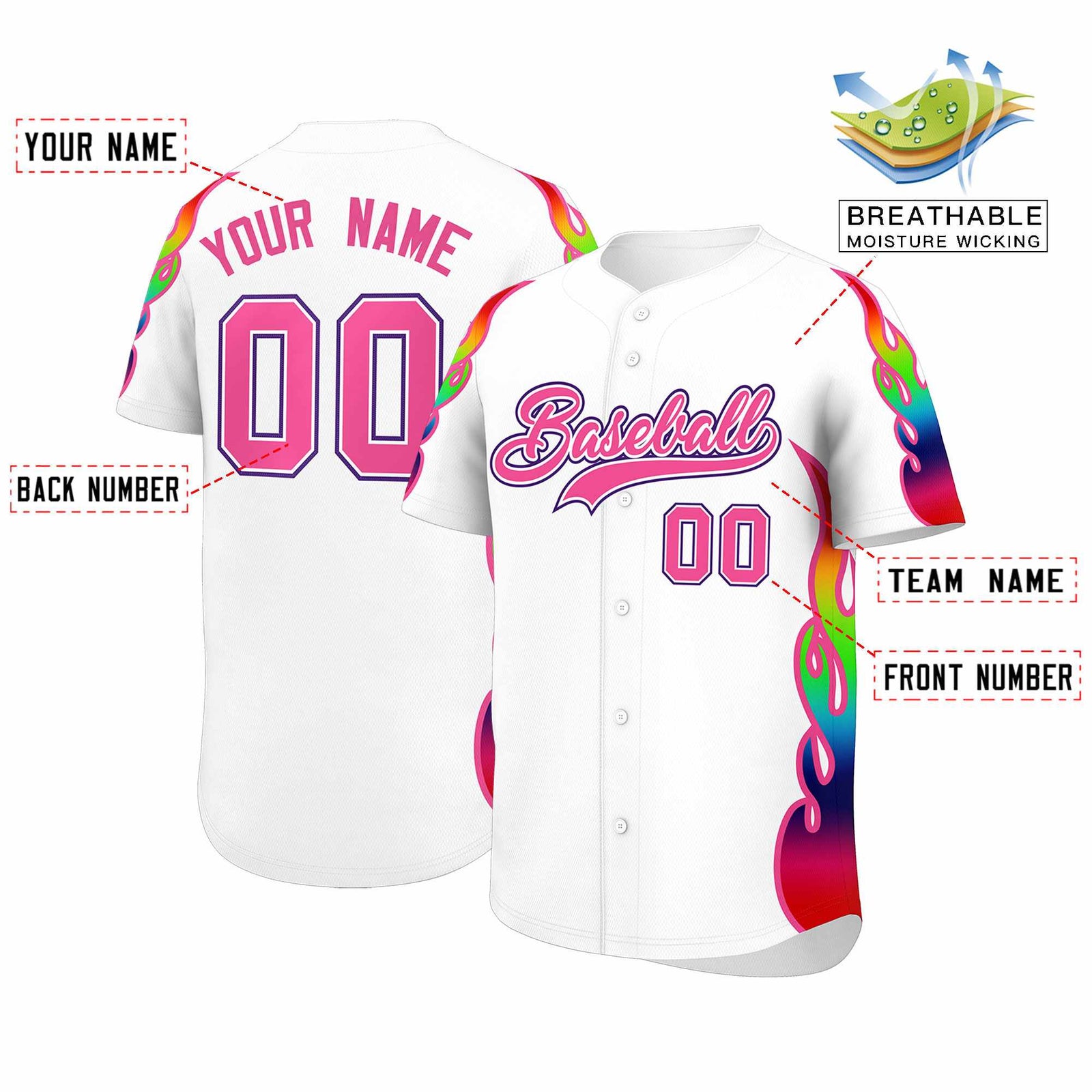 Custom White Graffiti Pattern Personalized Multicolored Flames Print Authentic Baseball Jersey
